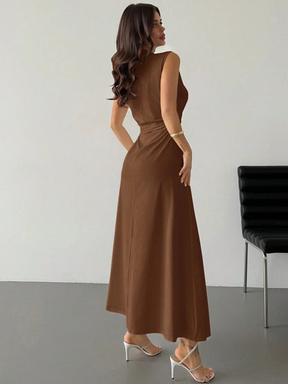 Fashzeo Coffee brown high neck sleeveless long dress featuring a cinched ruched waist for an elegant and modest romantic aesthetic.1
