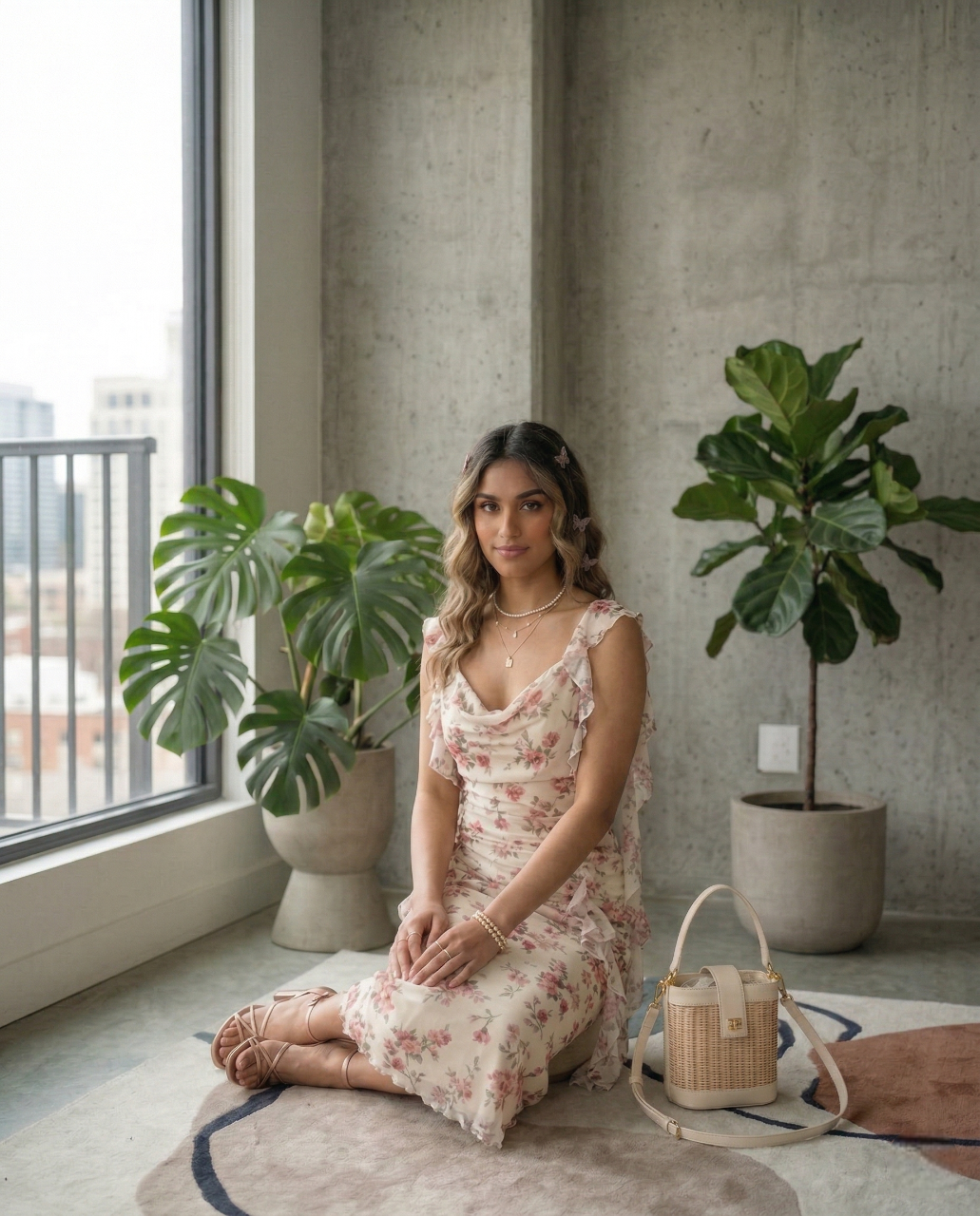 Model wearing Fashzeo cream floral print midi dress with draped cowl neck and side ruffle details for a party wear look.