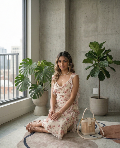 Model wearing Fashzeo cream floral print midi dress with draped cowl neck and side ruffle details for a party wear look.