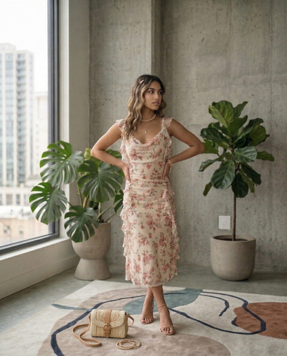 Model wearing Fashzeo cream floral print midi dress with draped cowl neck and side ruffle details for a party wear look.