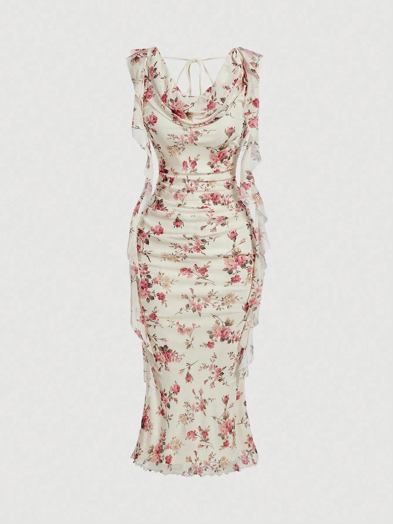 Model wearing Fashzeo cream floral print midi dress with draped cowl neck and side ruffle details for a party wear look.