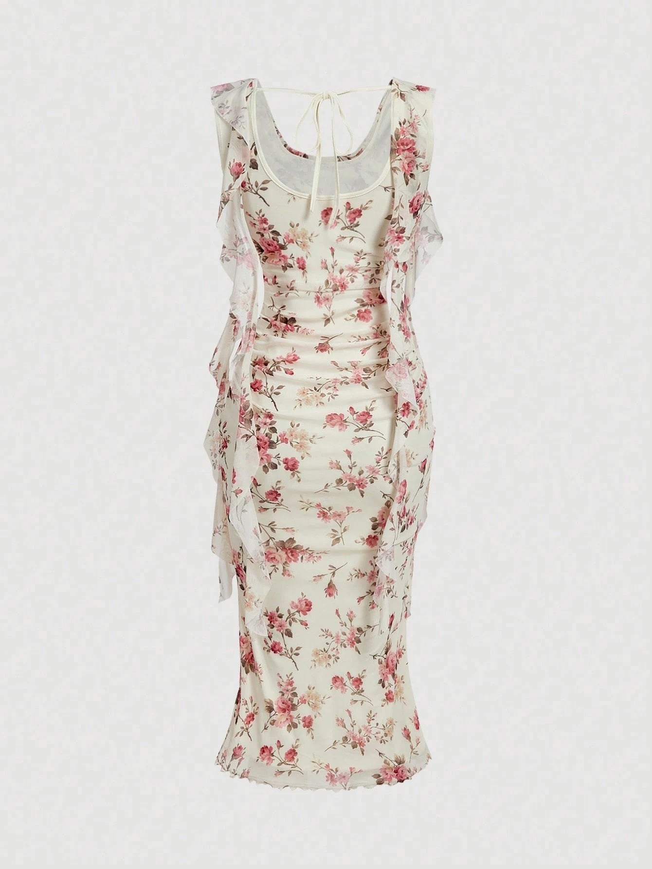Model wearing Fashzeo cream floral print midi dress with draped cowl neck and side ruffle details for a party wear look.