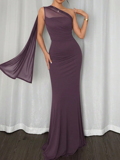Fashzeo Dusty Purple asymmetrical neck bodycon maxi dress in solid color, perfect for formal events, weddings, and evening parties.