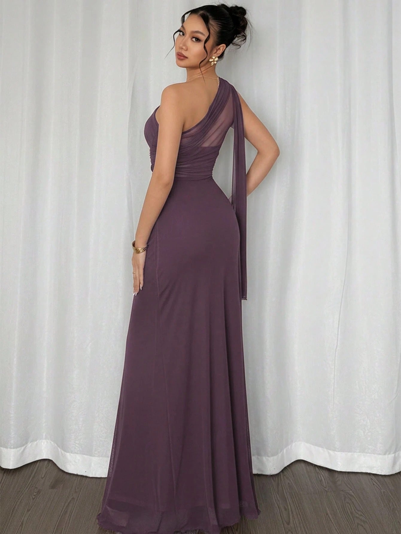 Fashzeo Dusty Purple asymmetrical neck bodycon maxi dress in solid color, perfect for formal events, weddings, and evening parties.