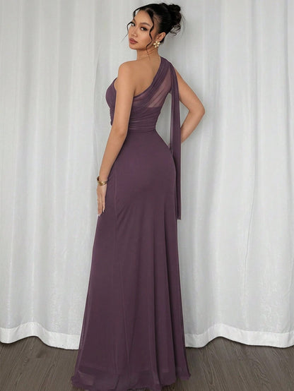 Fashzeo Dusty Purple asymmetrical neck bodycon maxi dress in solid color, perfect for formal events, weddings, and evening parties.