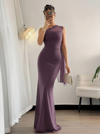 Fashzeo Dusty Purple asymmetrical neck bodycon maxi dress in solid color, perfect for formal events, weddings, and evening parties.