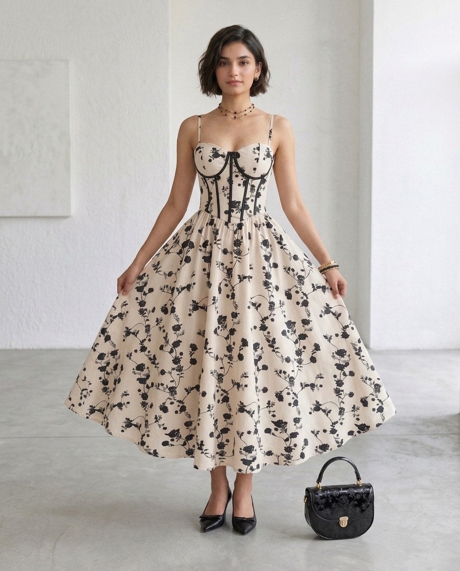 Fashzeo women's monochrome floral print midi dress with a structured corset bustier bodice and black contrast piping.