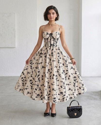 Fashzeo women's monochrome floral print midi dress with a structured corset bustier bodice and black contrast piping.