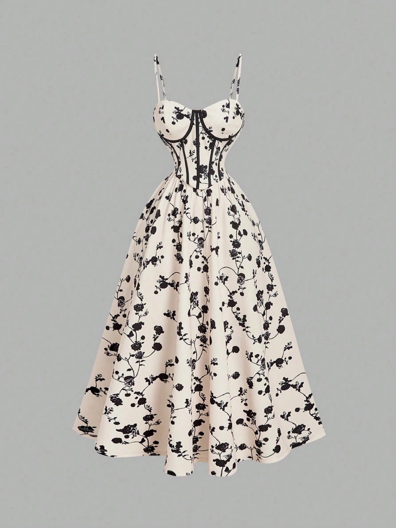 Fashzeo women's monochrome floral print midi dress with a structured corset bustier bodice and black contrast piping.