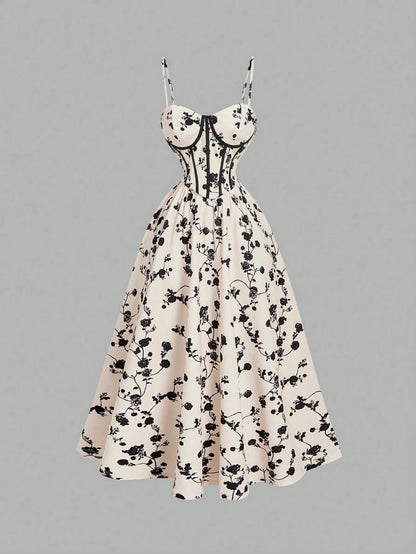Fashzeo women's monochrome floral print midi dress with a structured corset bustier bodice and black contrast piping.