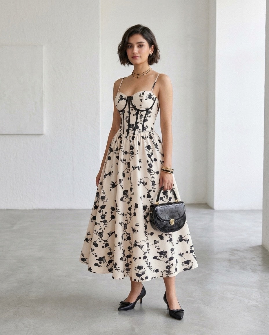 Fashzeo women's monochrome floral print midi dress with a structured corset bustier bodice and black contrast piping.