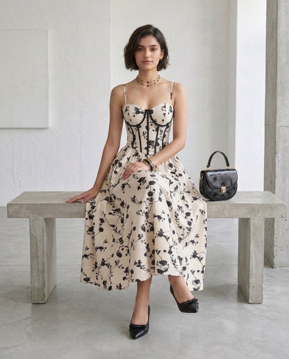 Fashzeo women's monochrome floral print midi dress with a structured corset bustier bodice and black contrast piping.