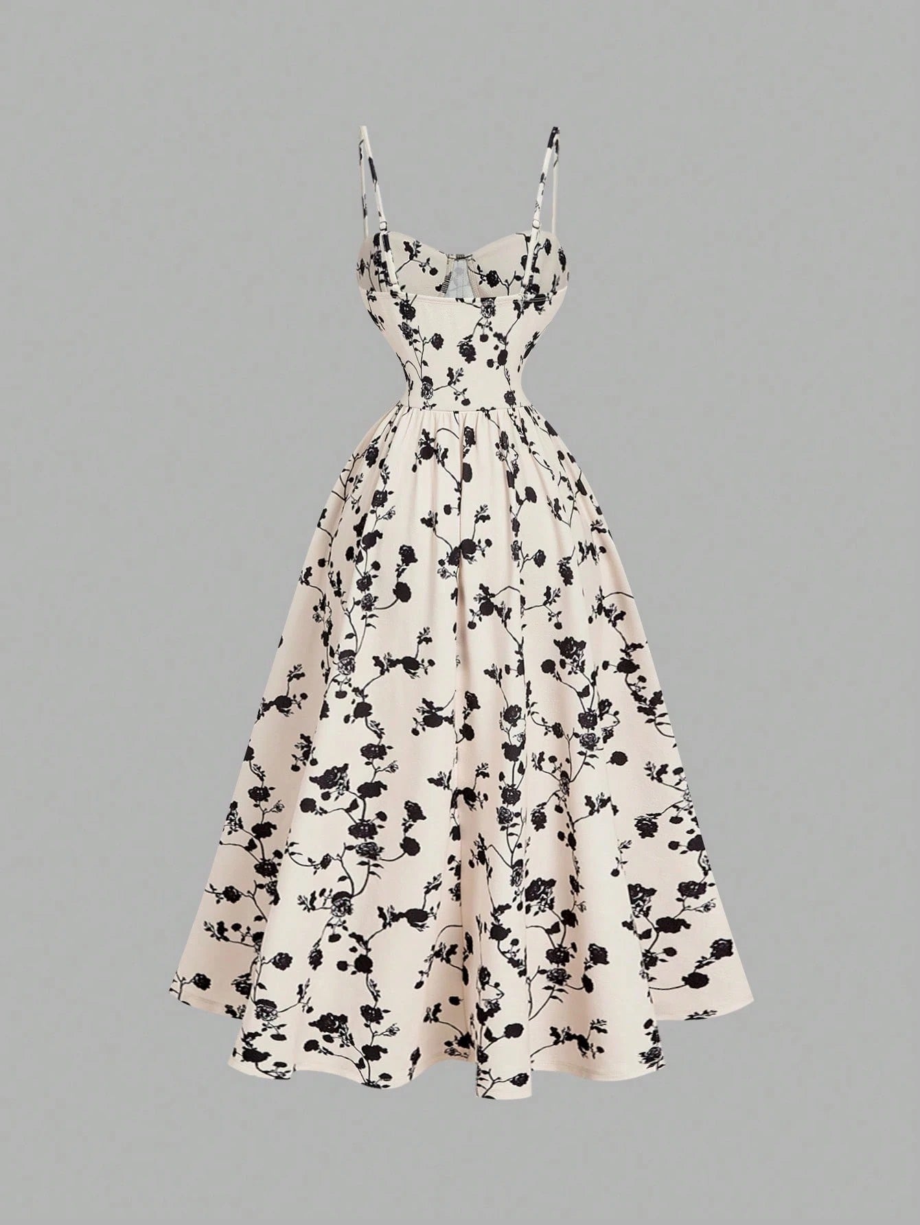 Fashzeo women's monochrome floral print midi dress with a structured corset bustier bodice and black contrast piping.