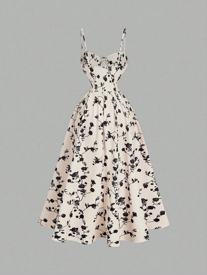 Fashzeo women's monochrome floral print midi dress with a structured corset bustier bodice and black contrast piping.