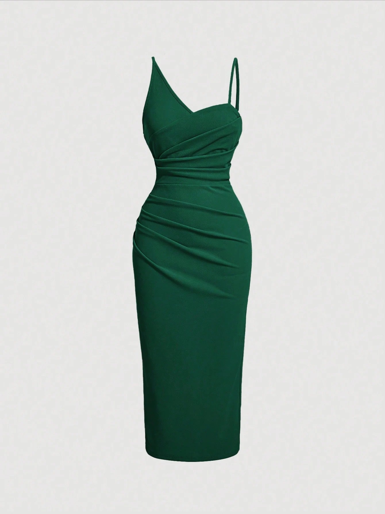 Fashzeo Green asymmetrical pleated bodycon midi dress with ruched detail and thin straps for women party wear.