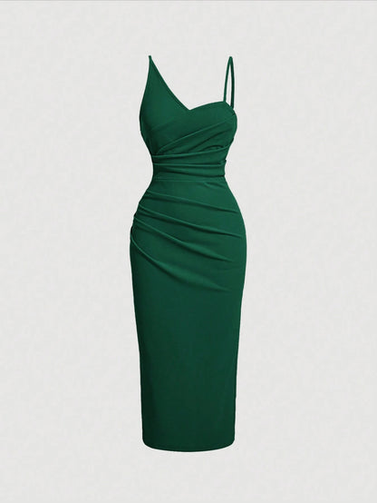 Fashzeo Green asymmetrical pleated bodycon midi dress with ruched detail and thin straps for women party wear.