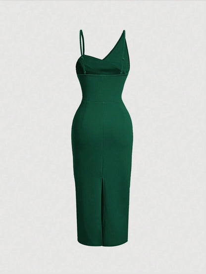 Fashzeo Green asymmetrical pleated bodycon midi dress with ruched detail and thin straps for women party wear1