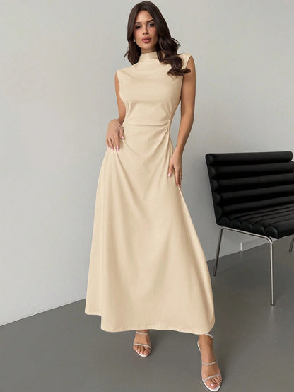 Fashzeo Khaki high neck sleeveless long dress featuring a cinched ruched waist for an elegant and modest romantic aesthetic.