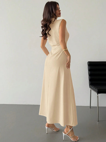 Fashzeo Khaki high neck sleeveless long dress featuring a cinched ruched waist for an elegant and modest romantic aesthetic.2