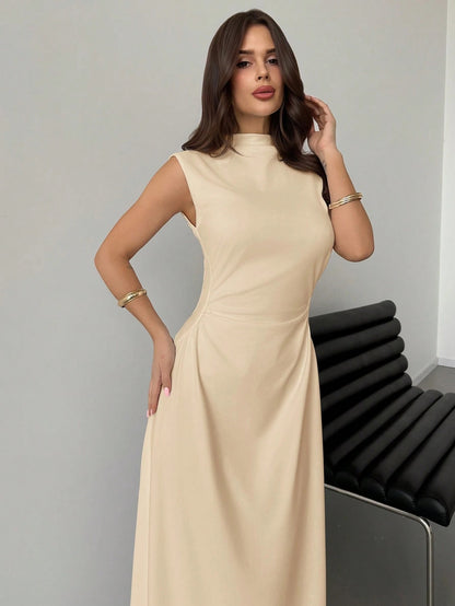 Fashzeo Khaki high neck sleeveless long dress featuring a cinched ruched waist for an elegant and modest romantic aesthetic.4