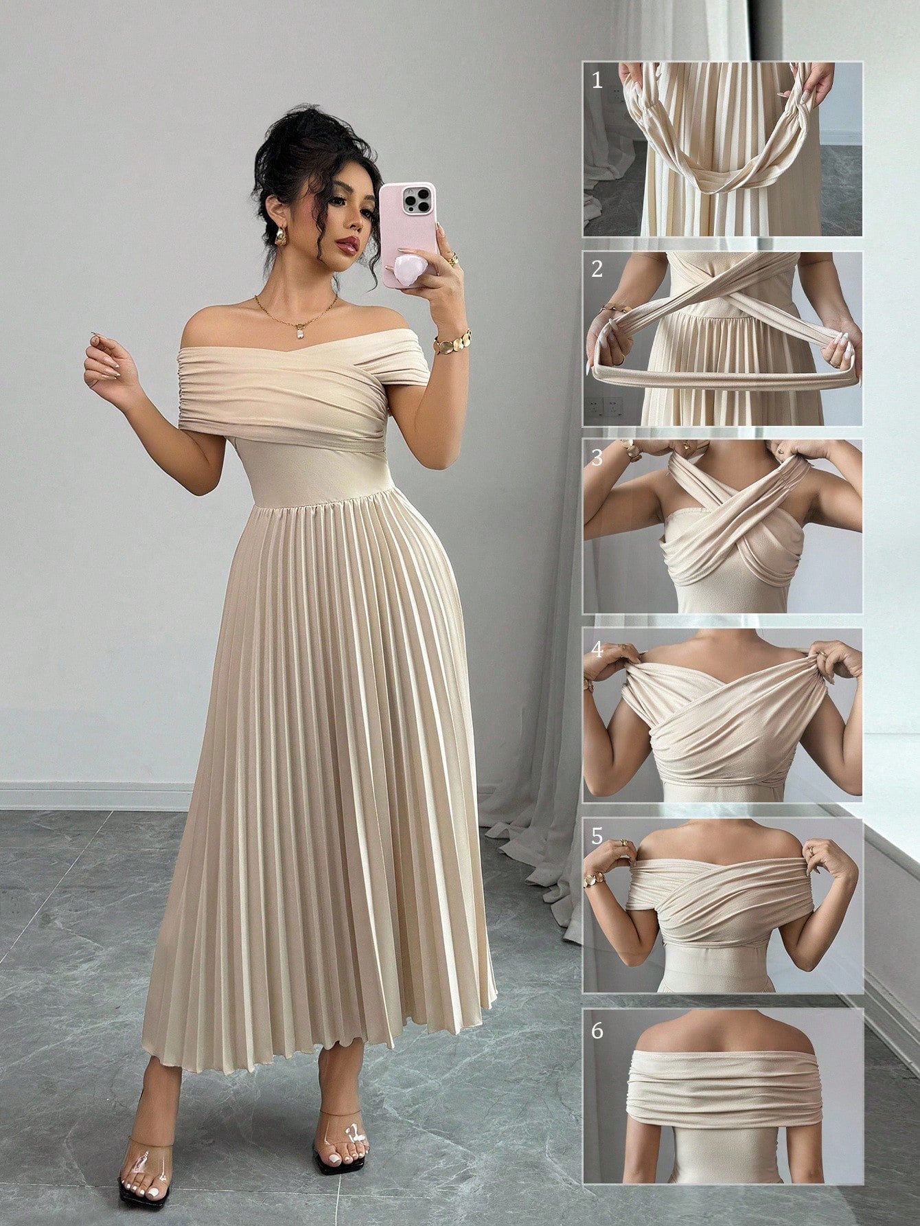 Fashzeo Khaki off-shoulder pleated midi dress with a cinched waist and long sleeves for an elegant party wear look