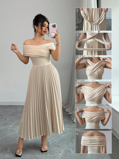 Fashzeo Khaki off-shoulder pleated midi dress with a cinched waist and long sleeves for an elegant party wear look