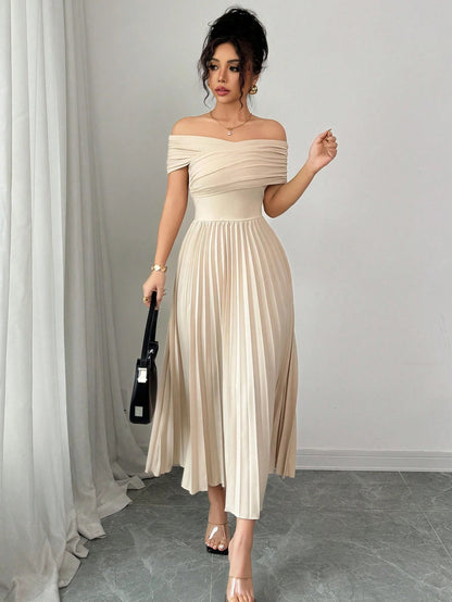 Fashzeo Khaki off-shoulder pleated midi dress with a cinched waist and long sleeves for an elegant party wear look