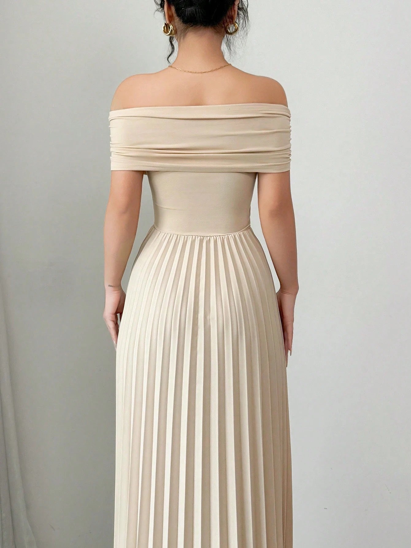 Fashzeo Khaki off-shoulder pleated midi dress with a cinched waist and long sleeves for an elegant party wear look