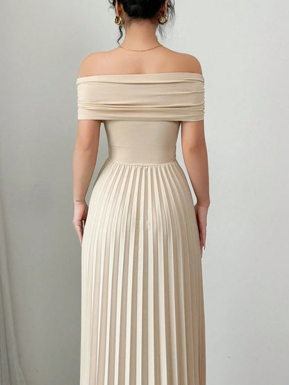 Fashzeo Khaki off-shoulder pleated midi dress with a cinched waist and long sleeves for an elegant party wear look