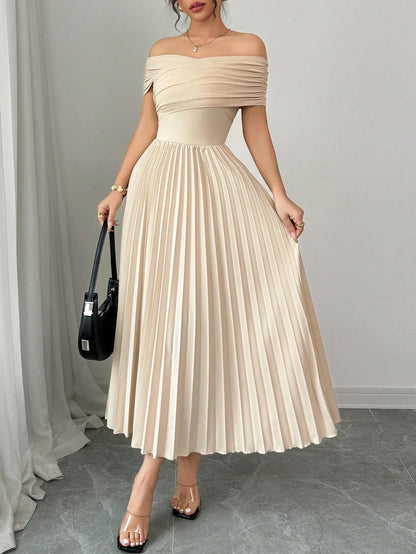 Fashzeo Khaki off-shoulder pleated midi dress with a cinched waist and long sleeves for an elegant party wear look