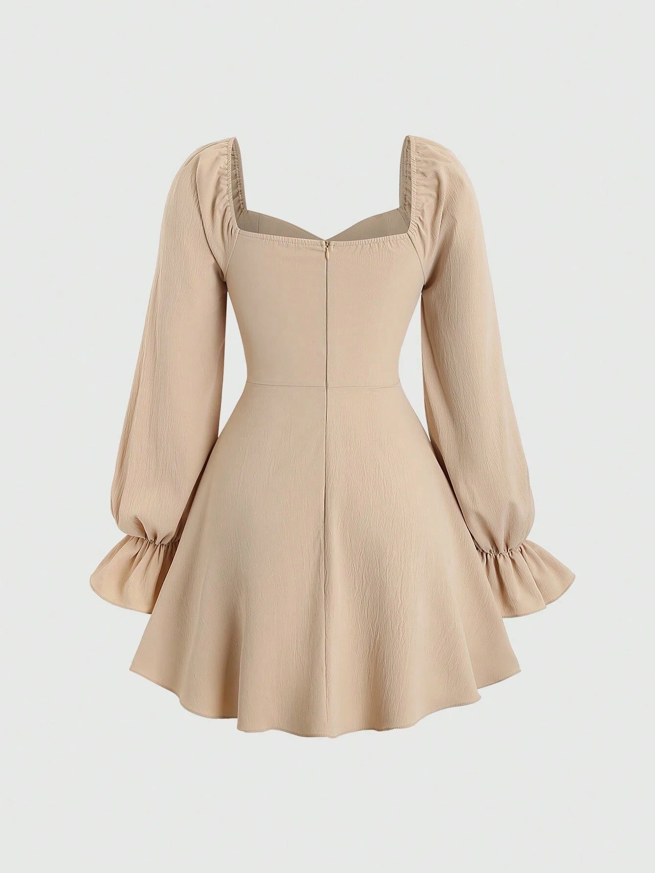 Fashzeo Khaki women's long sleeve floral mini dress with sweetheart neckline, smocked back, and ruffle flared hem in a romantic cottagecore style.3