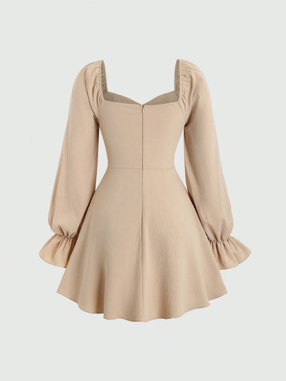 Fashzeo Khaki women's long sleeve floral mini dress with sweetheart neckline, smocked back, and ruffle flared hem in a romantic cottagecore style.3