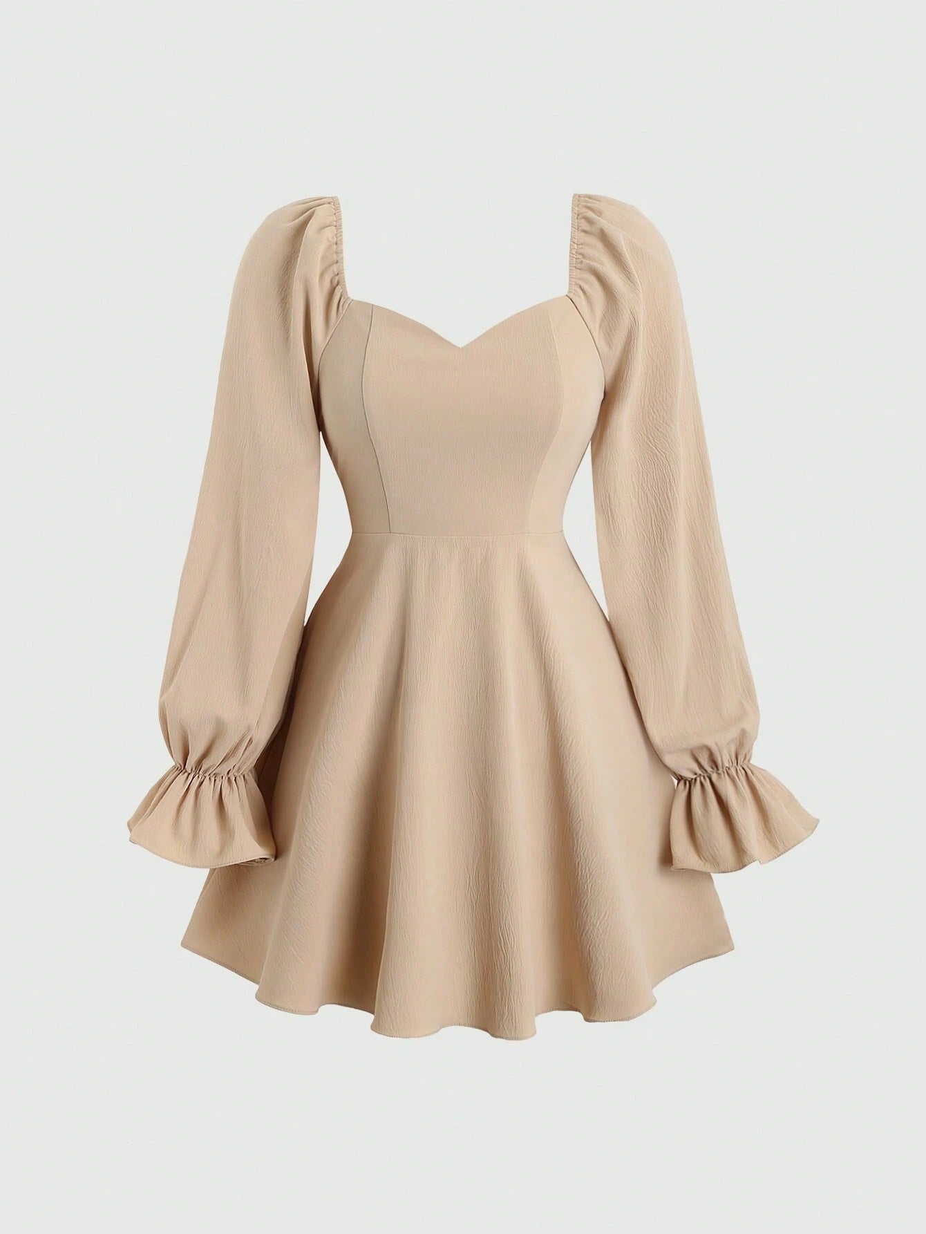 Fashzeo Khaki women's long sleeve floral mini dress with sweetheart neckline, smocked back, and ruffle flared hem in a romantic cottagecore style.4