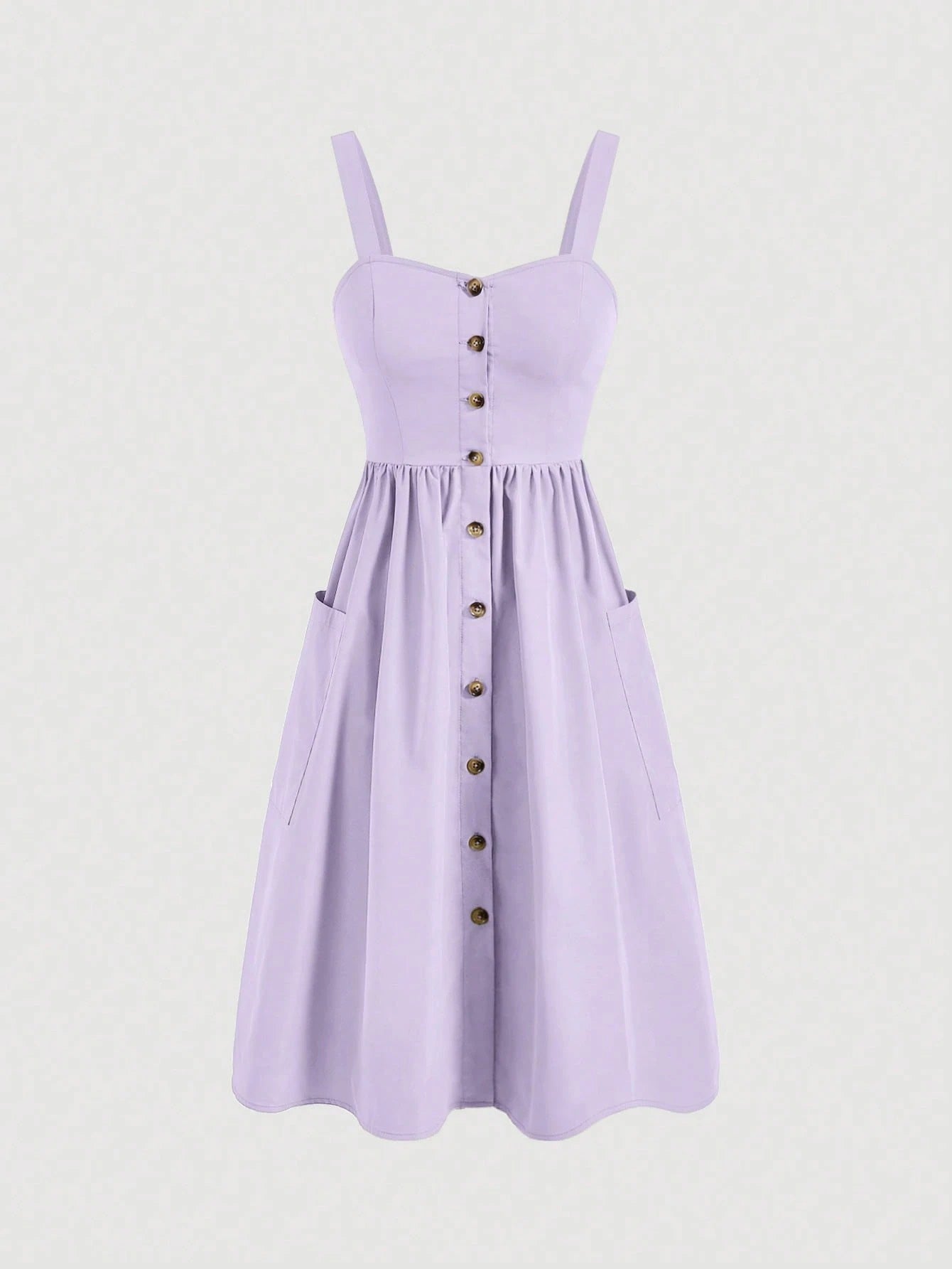 Fashzeo Lilac purple sleeveless button-front midi sundress with wide straps and functional side pockets for women summer fashion