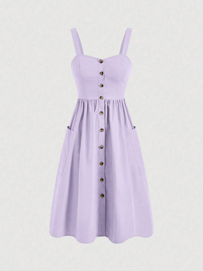 Fashzeo Lilac purple sleeveless button-front midi sundress with wide straps and functional side pockets for women summer fashion