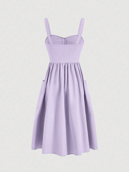 Fashzeo Lilac purple sleeveless button-front midi sundress with wide straps and functional side pockets for women summer fashion1