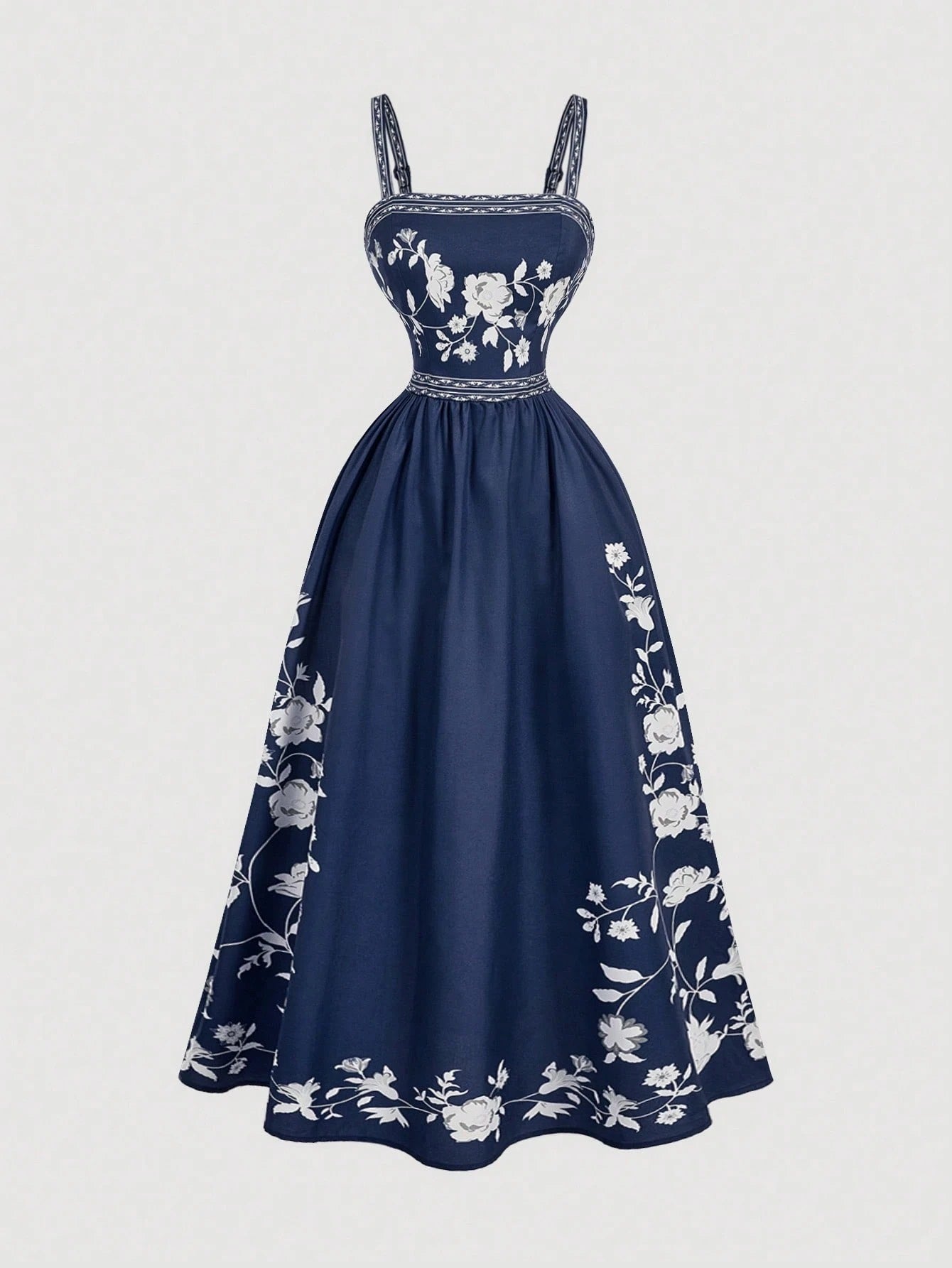 Fashzeo Navy Blue romantic floral print midi dress with cowl neck and thigh-high slit for elegant party wear