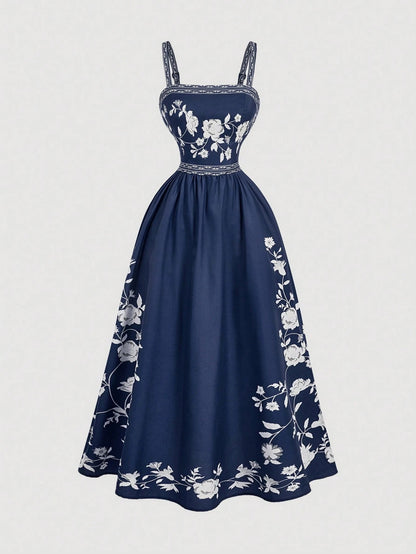 Fashzeo Navy Blue romantic floral print midi dress with cowl neck and thigh-high slit for elegant party wear