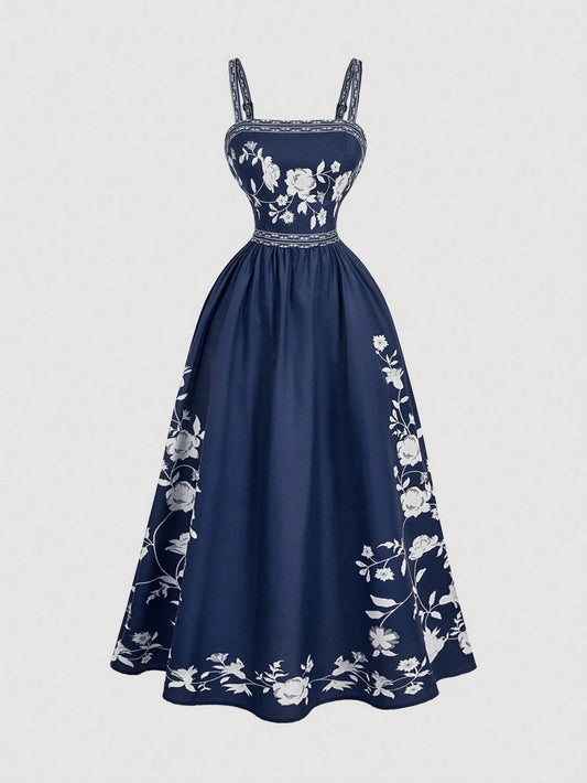 Fashzeo Navy Blue romantic floral print midi dress with cowl neck and thigh-high slit for elegant party wear
