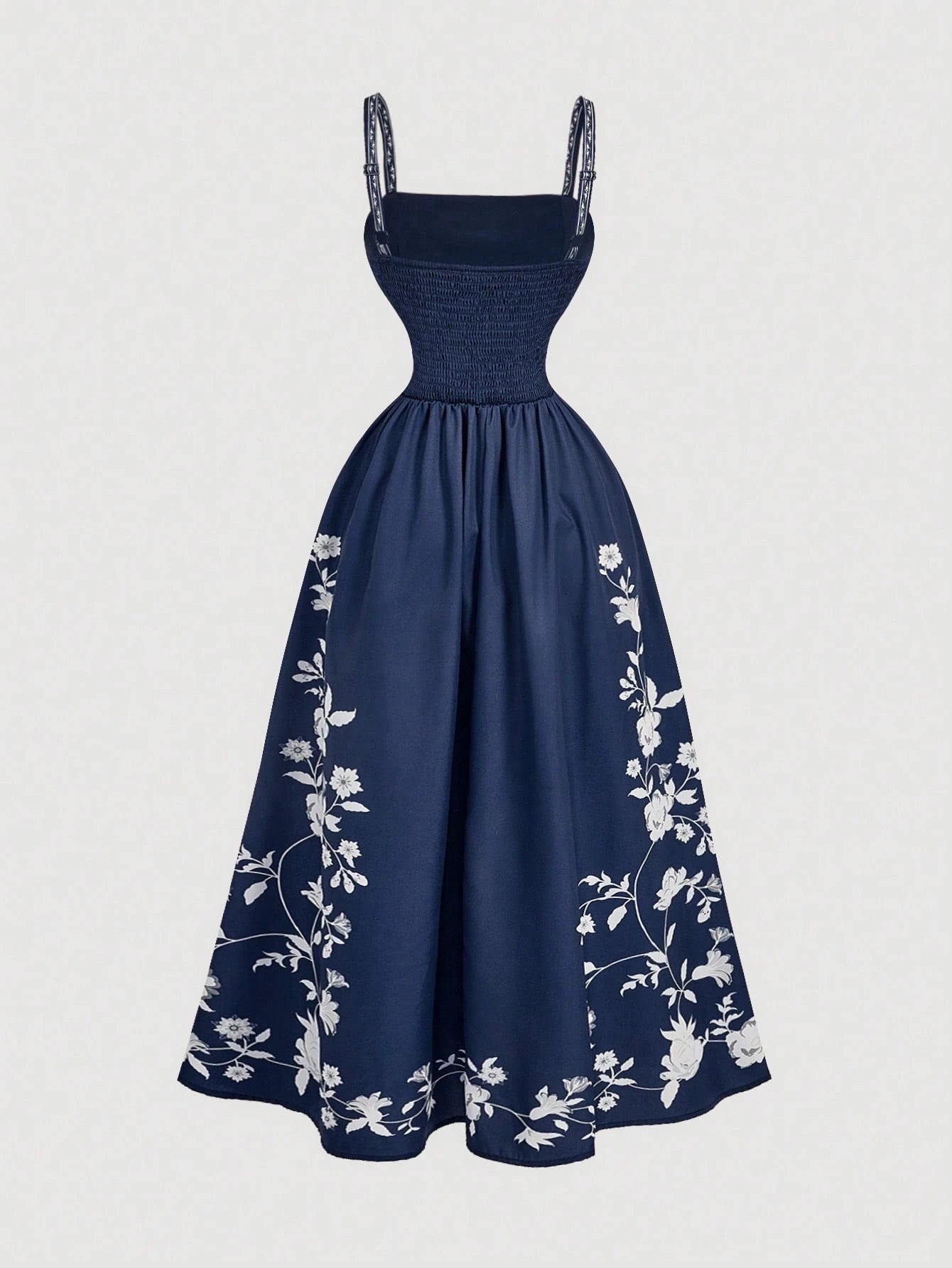Fashzeo Navy Blue romantic floral print midi dress with cowl neck and thigh-high slit for elegant party wear1