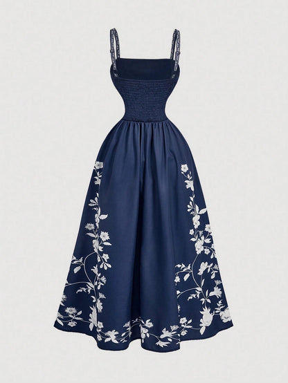 Fashzeo Navy Blue romantic floral print midi dress with cowl neck and thigh-high slit for elegant party wear1