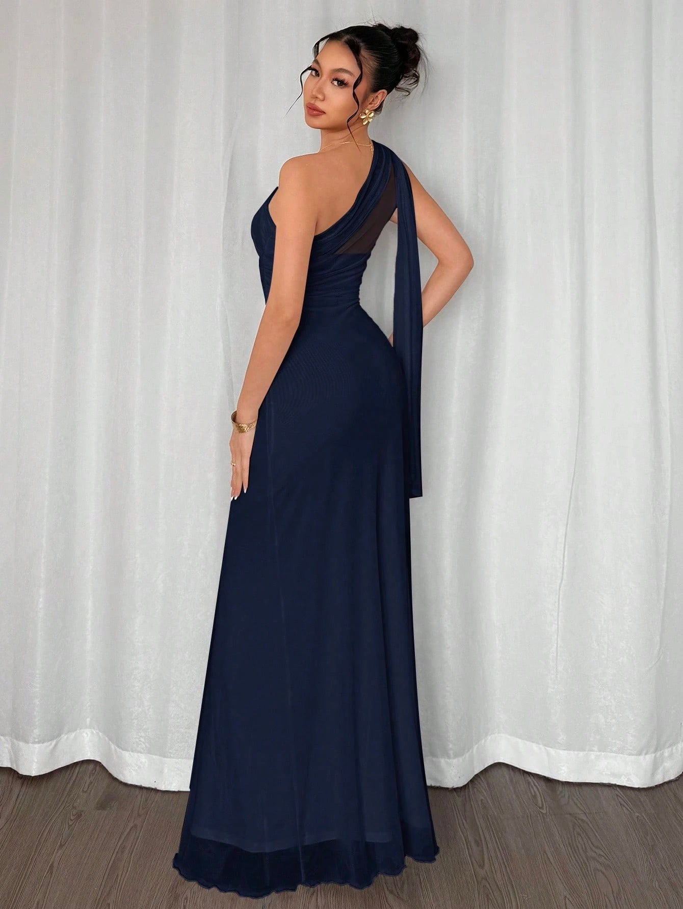 Fashzeo Navy blue asymmetrical neck bodycon maxi dress in solid color, perfect for formal events, weddings, and evening parties.