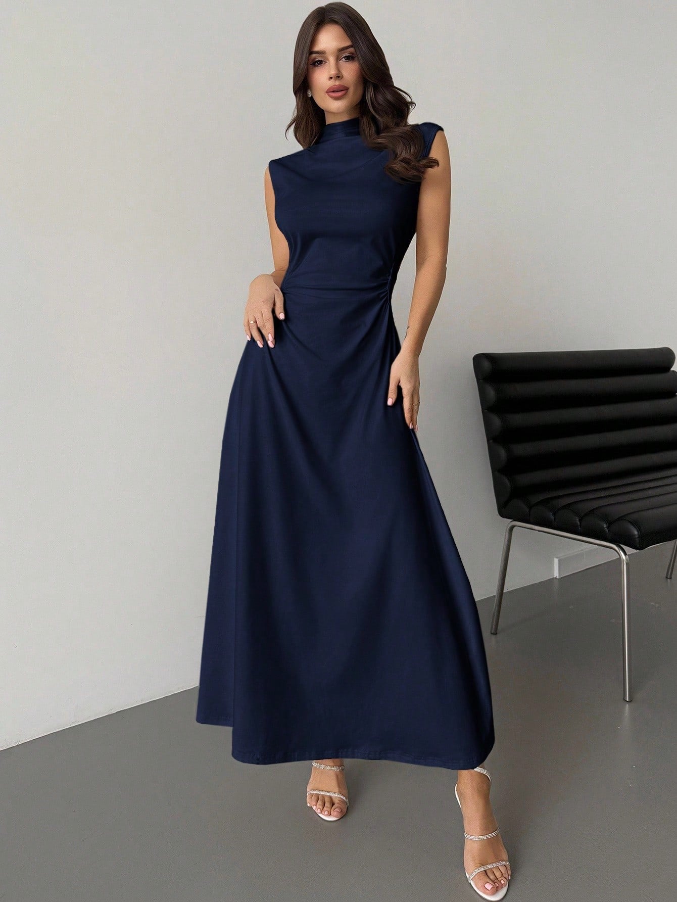 Fashzeo Navy blue high neck sleeveless long dress featuring a cinched ruched waist for an elegant and modest romantic aesthetic.