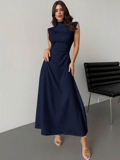 Fashzeo Navy blue high neck sleeveless long dress featuring a cinched ruched waist for an elegant and modest romantic aesthetic.