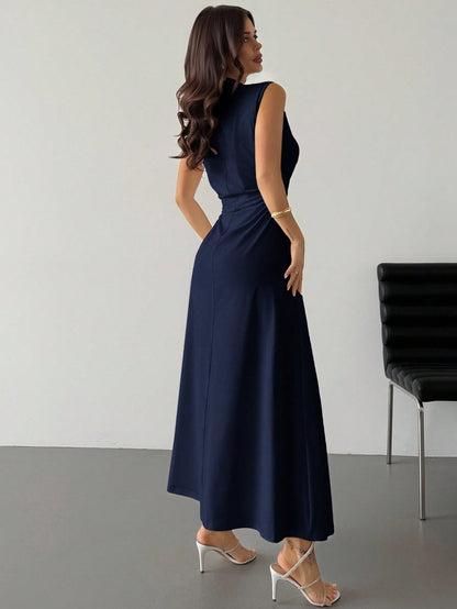 Fashzeo Navy blue high neck sleeveless long dress featuring a cinched ruched waist for an elegant and modest romantic aesthetic.1