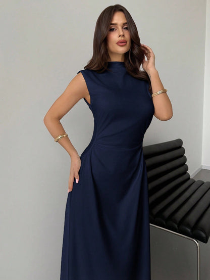 Fashzeo Navy blue high neck sleeveless long dress featuring a cinched ruched waist for an elegant and modest romantic aesthetic.3