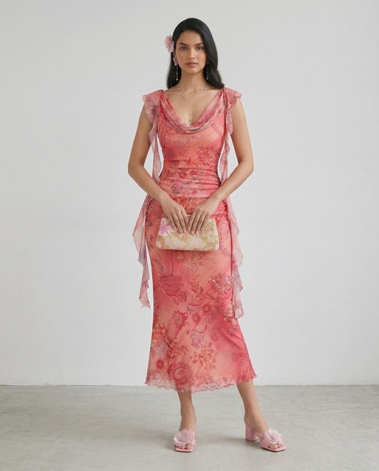 Fashzeo women's pink floral print midi dress with cowl neck, backless ruched design and ruffle trim detailing.
