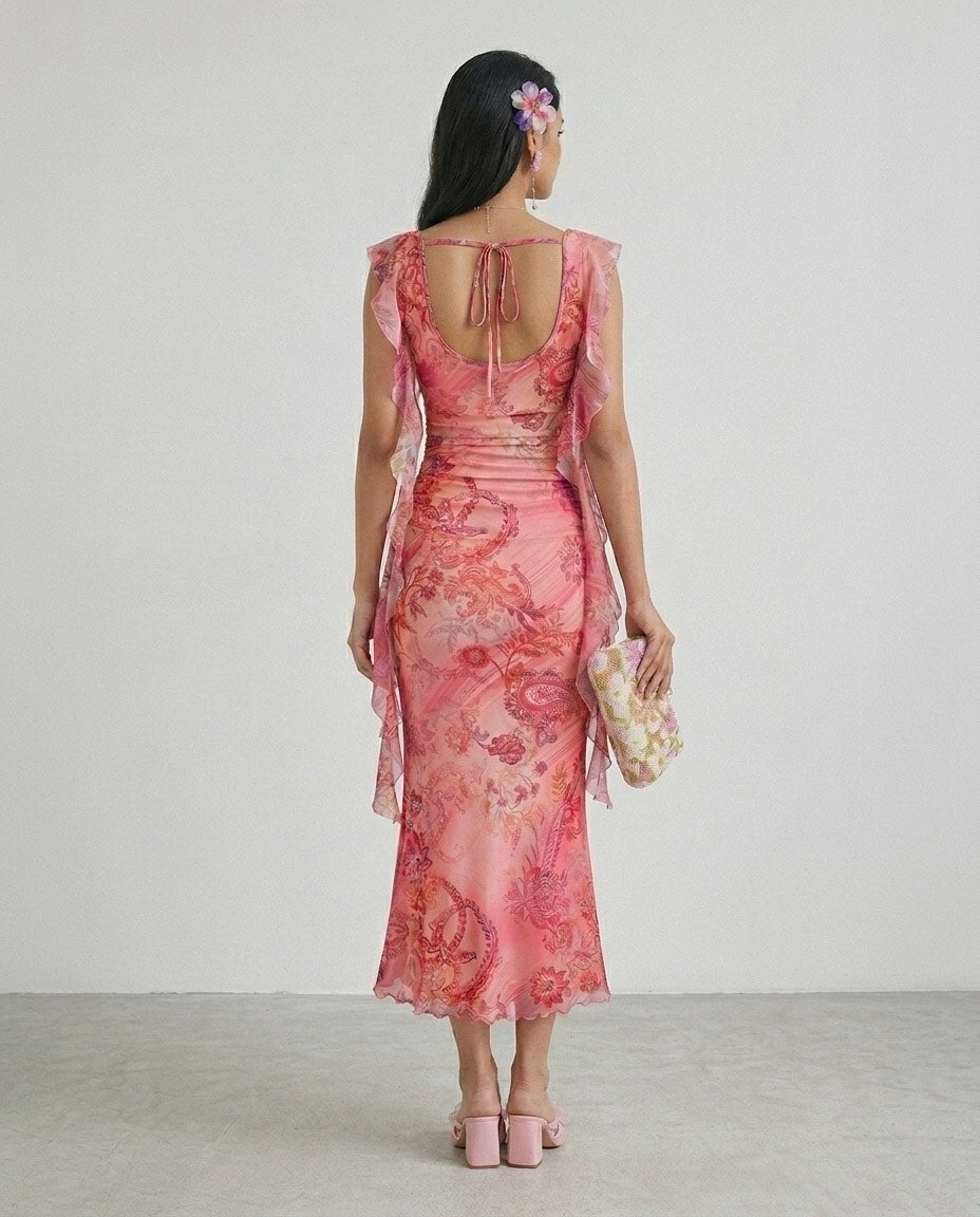 Fashzeo women's pink floral print midi dress with cowl neck, backless ruched design and ruffle trim detailing.