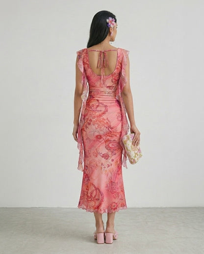 Fashzeo women's pink floral print midi dress with cowl neck, backless ruched design and ruffle trim detailing.