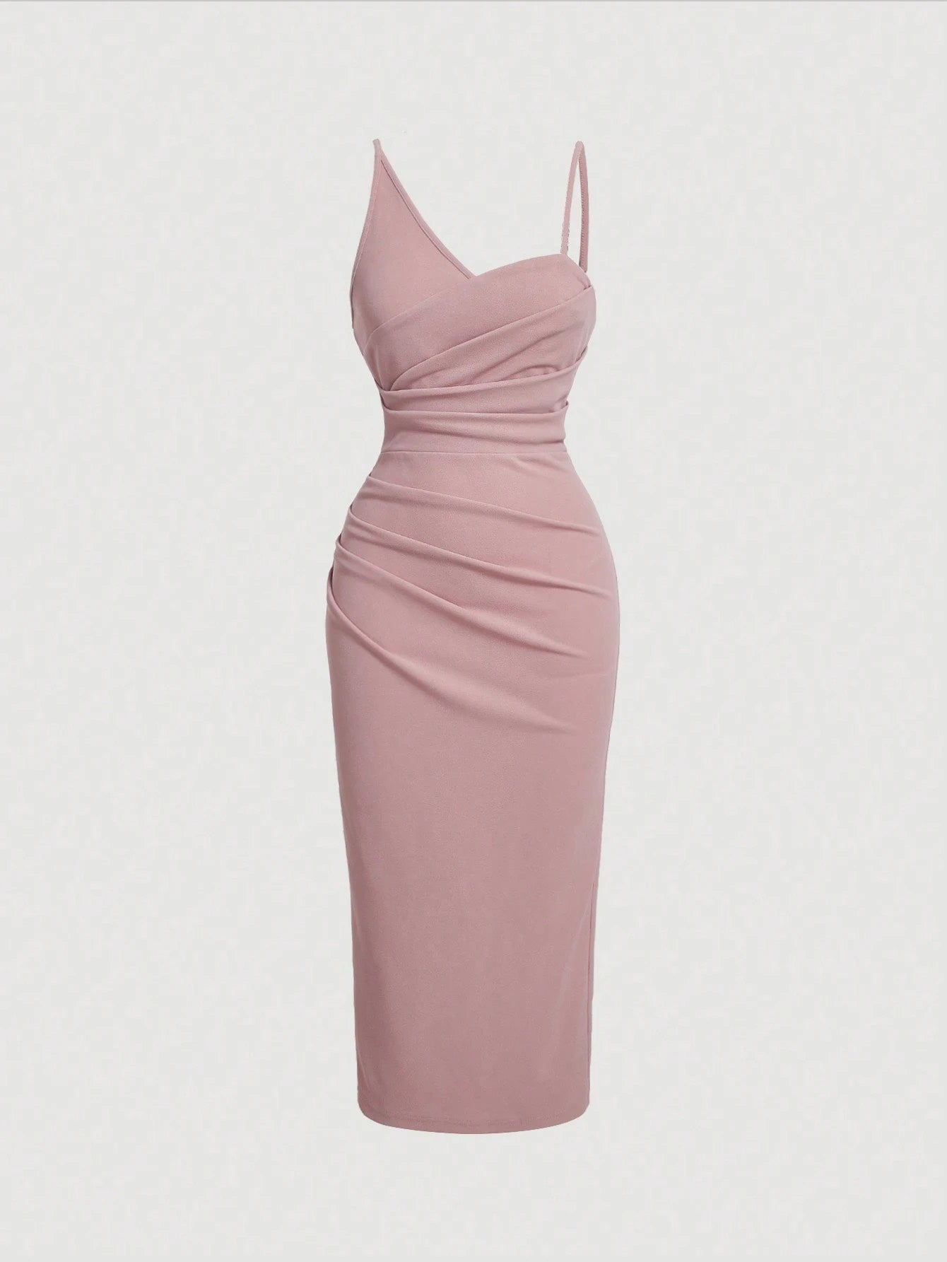 Fashzeo Pink asymmetrical pleated bodycon midi dress with ruched detail and thin straps for women party wear